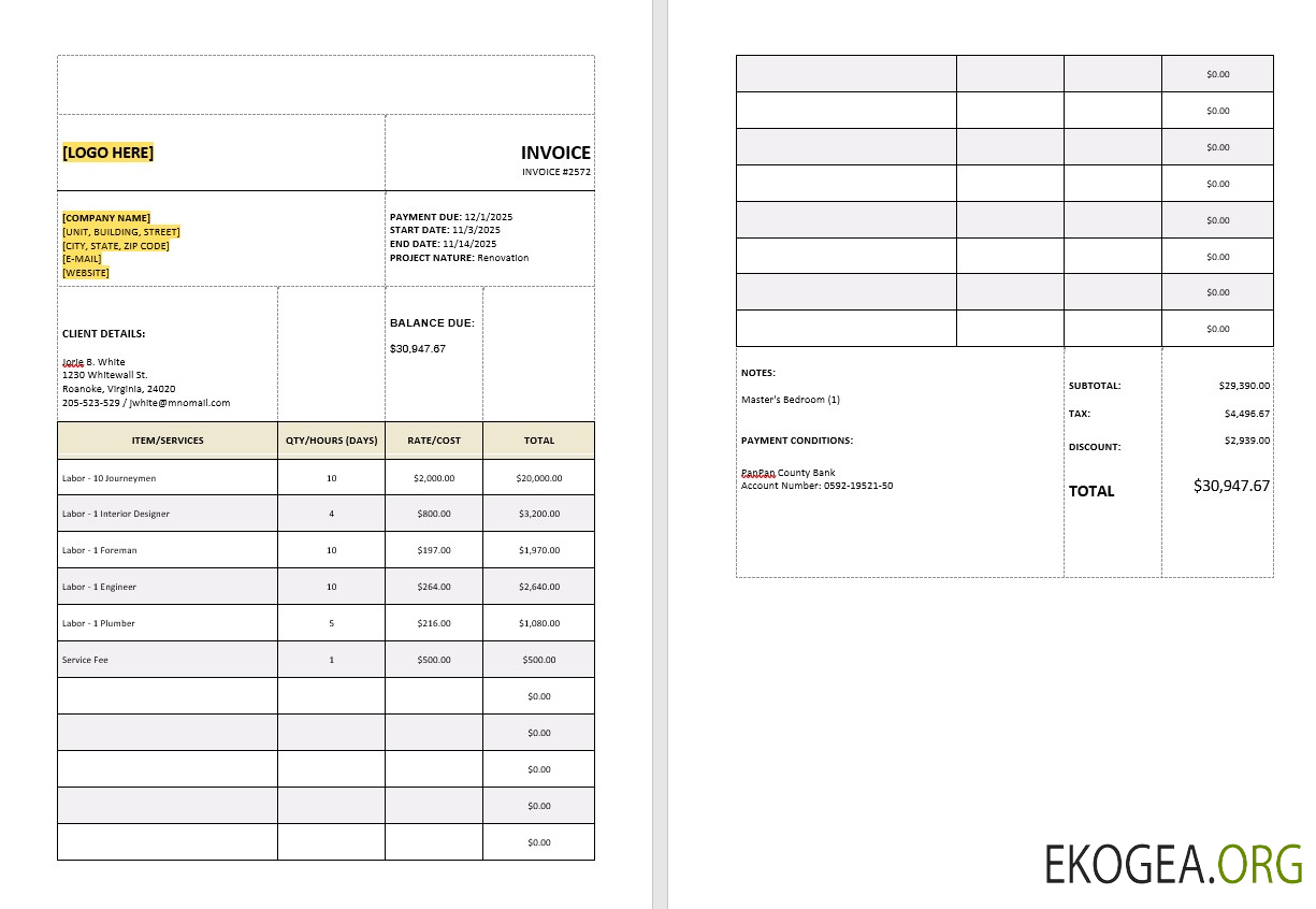 Modèle de facture de calcul de la taxe sur les services